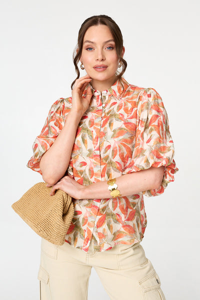 LEAF PRINT PUFF SLEEVE SHIRT [PK-8]