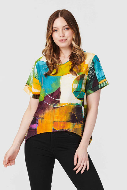 Abstract Short Sleeve Curve Hem T-Shirt in MULTI BEIGE [PK-8]