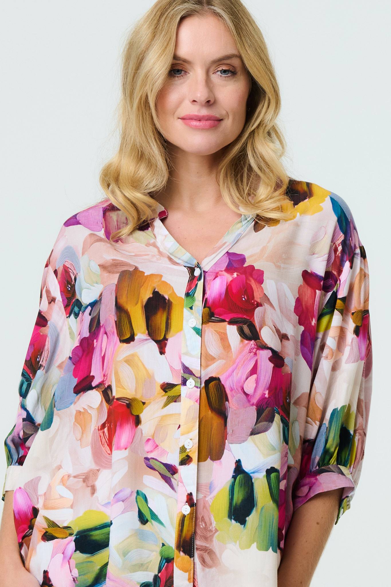 Brushstroke Print 3/4 Sleeve Blouse in PINK [PK-8]