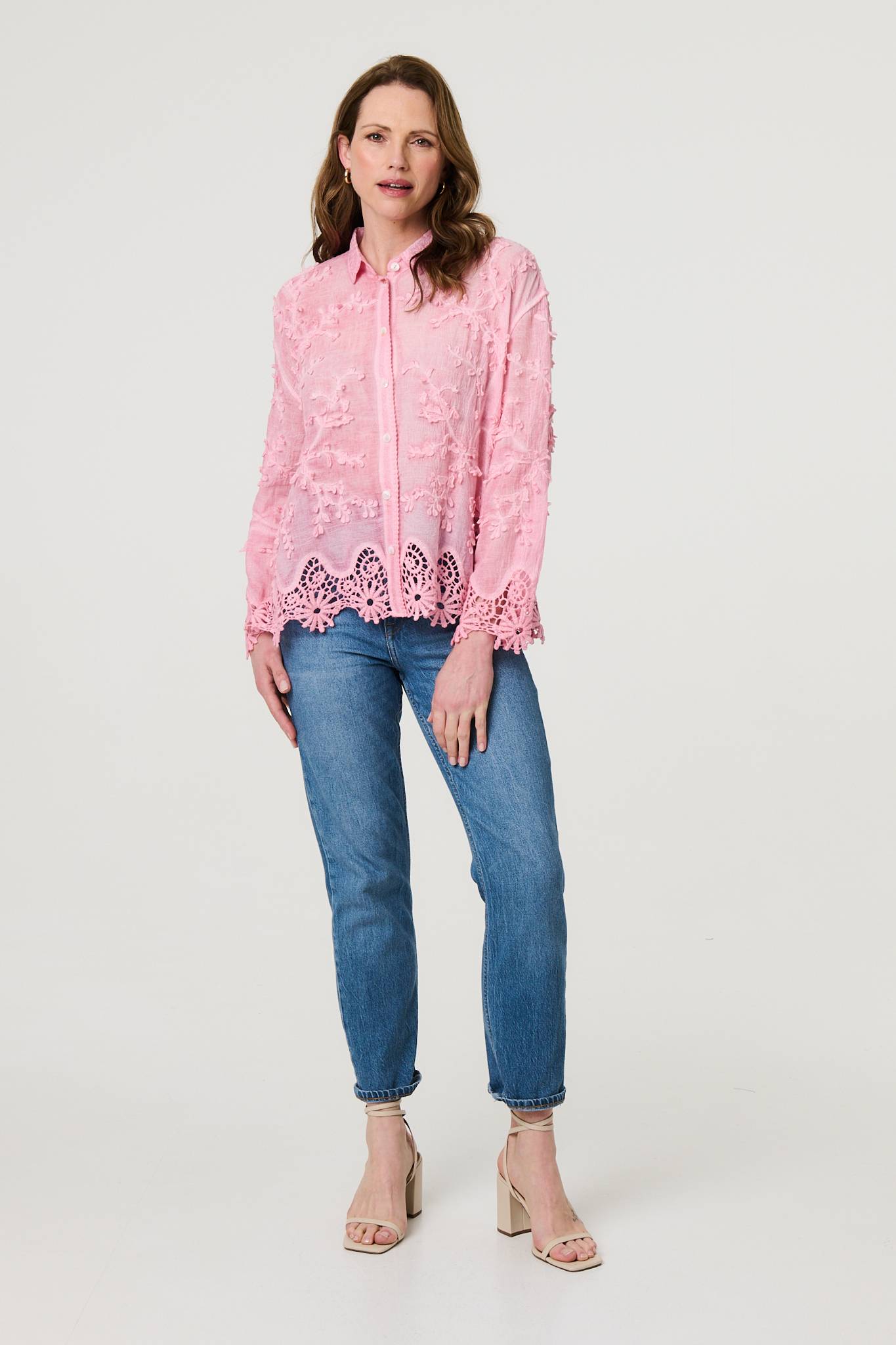 Embroidered Lace Long Sleeve Shirt in PINK [PK-4]