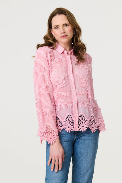 Embroidered Lace Long Sleeve Shirt in PINK [PK-4]