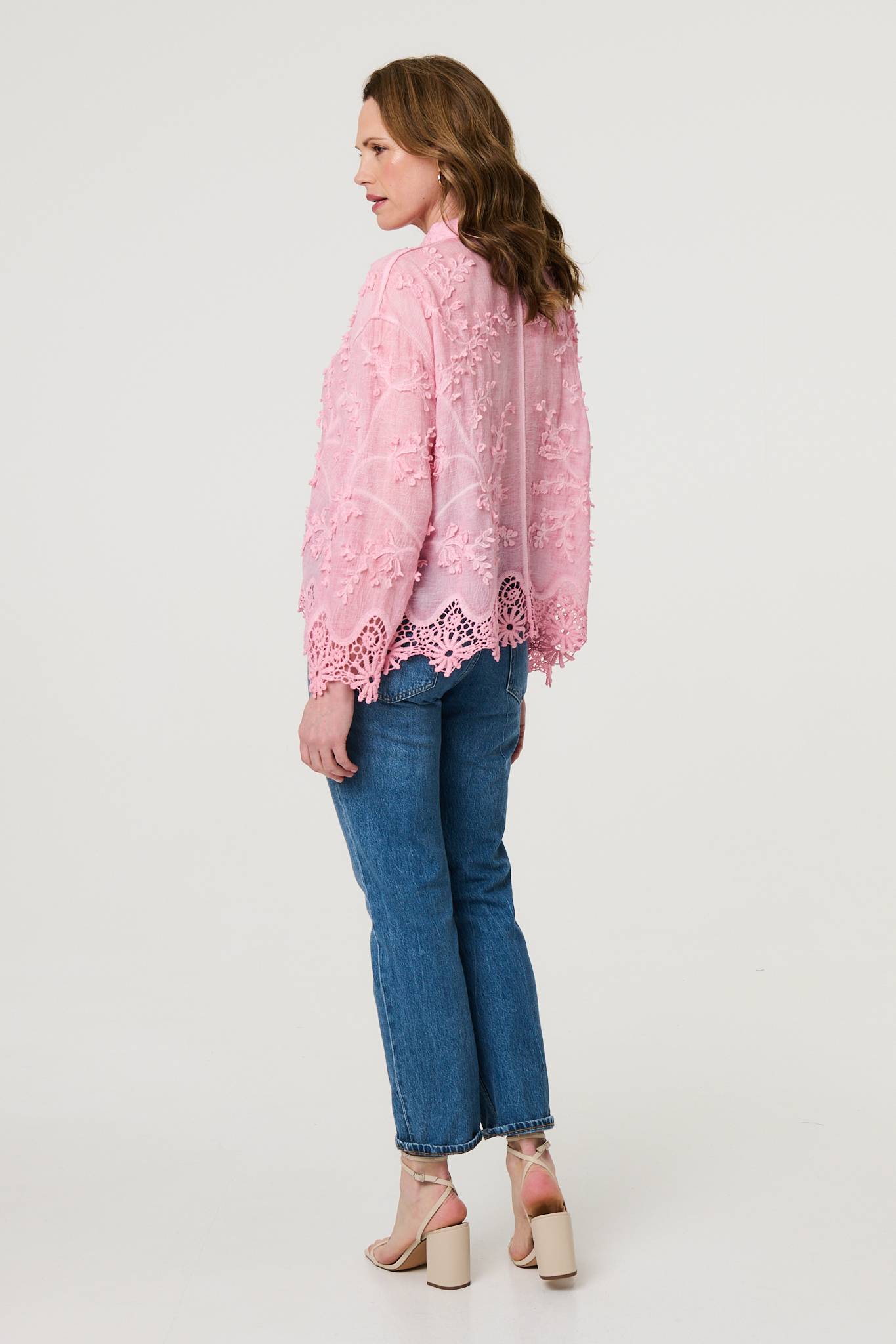 Embroidered Lace Long Sleeve Shirt in PINK [PK-4]