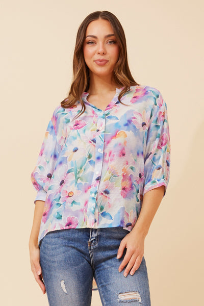 FLORAL CURVE HEM COLLARLESS BLOUSE [PK-8]