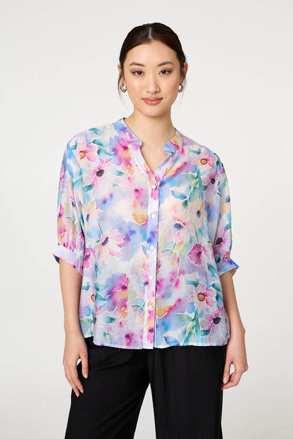 FLORAL CURVE HEM COLLARLESS BLOUSE [PK-8]