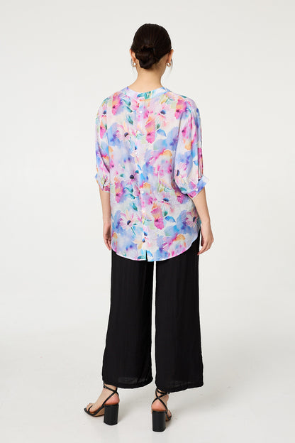 FLORAL CURVE HEM COLLARLESS BLOUSE [PK-8]