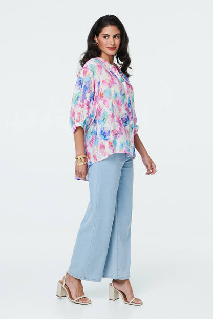 FLORAL BUTTON BACK 3/4 SLEEVE BLOUSE