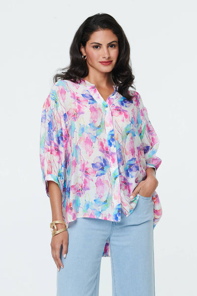 FLORAL BUTTON BACK 3/4 SLEEVE BLOUSE