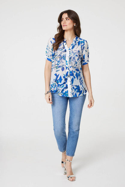 Leaf Print Short Sleeve Semi Sheer Shirt in BLUE [PK-8]