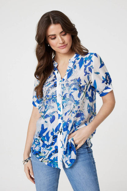 Leaf Print Short Sleeve Semi Sheer Shirt in BLUE [PK-8]