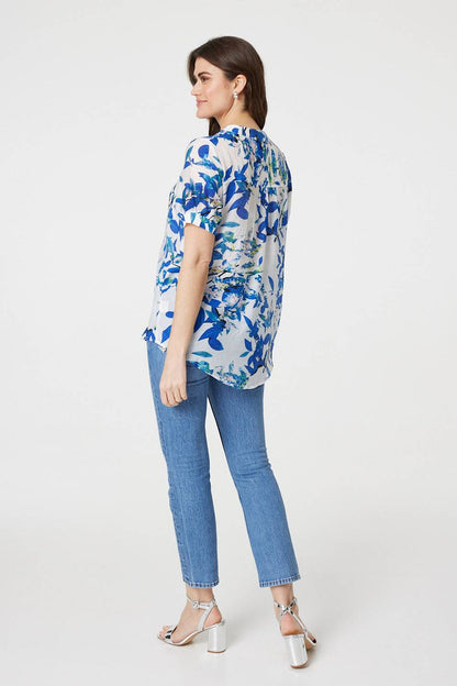 Leaf Print Short Sleeve Semi Sheer Shirt in BLUE [PK-8]