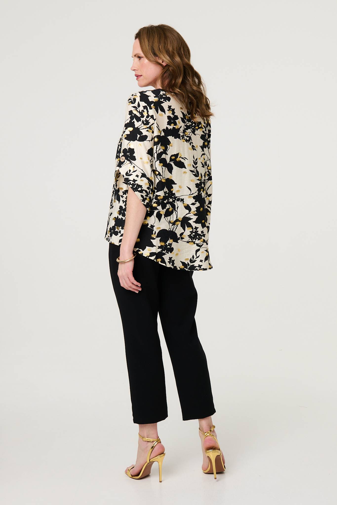 Metallic Leaf Print 3/4 Sleeve Blouse in IVORY [PK-8]