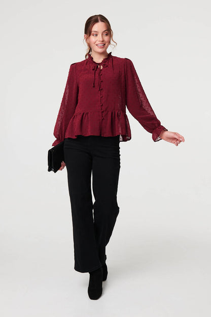 SEMI SHEER TEXTURED RUFFLED BLOUSE IN BURGUNDY [8 PER PACK]