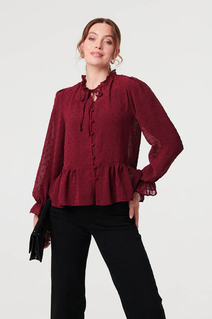 SEMI SHEER TEXTURED RUFFLED BLOUSE IN BURGUNDY [8 PER PACK]