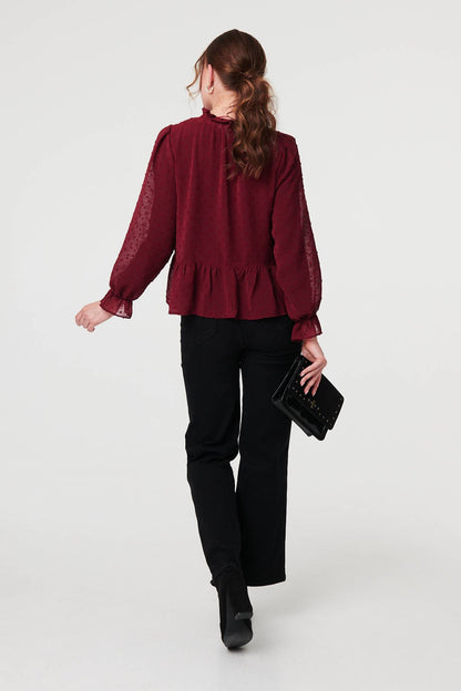 SEMI SHEER TEXTURED RUFFLED BLOUSE IN BURGUNDY [8 PER PACK]