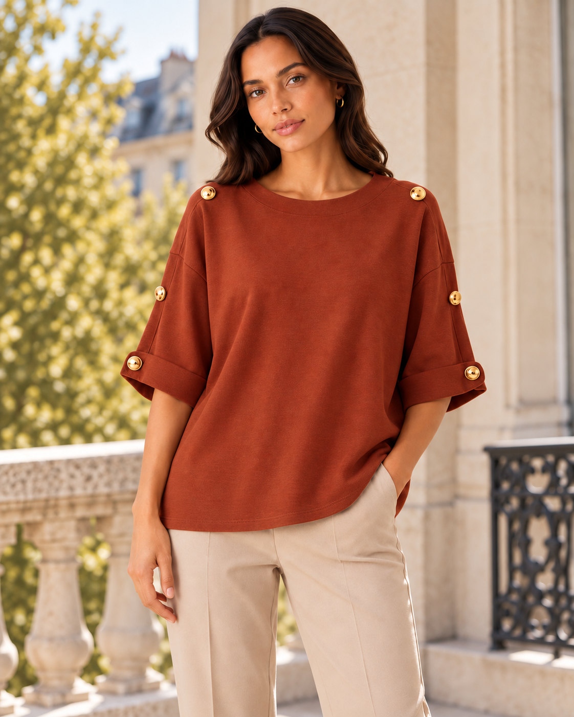 GOLD BUTTON FOLDED SLEEVE JUMPER