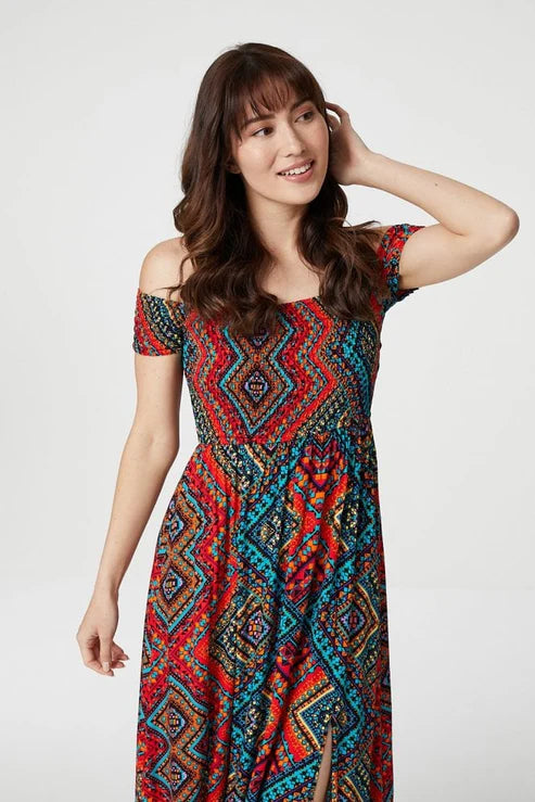 AZTEC PRINT BARDOT MAXI DRESS