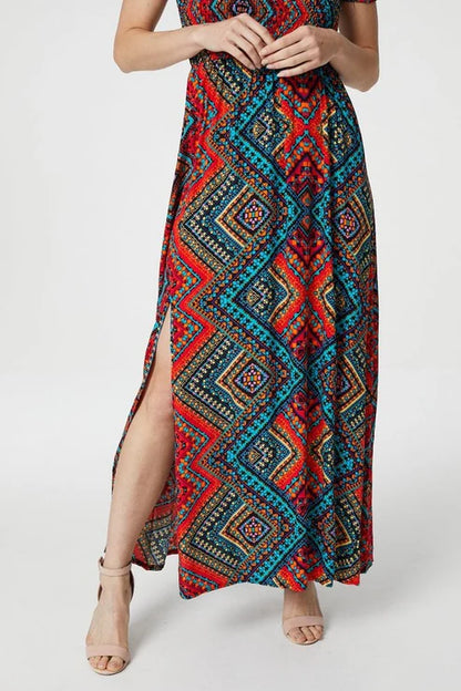 AZTEC PRINT BARDOT MAXI DRESS