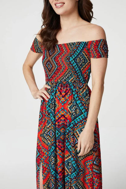 AZTEC PRINT BARDOT MAXI DRESS