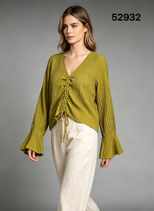 CRINKLE DRAWSTRING BELL SLEEVE TOP