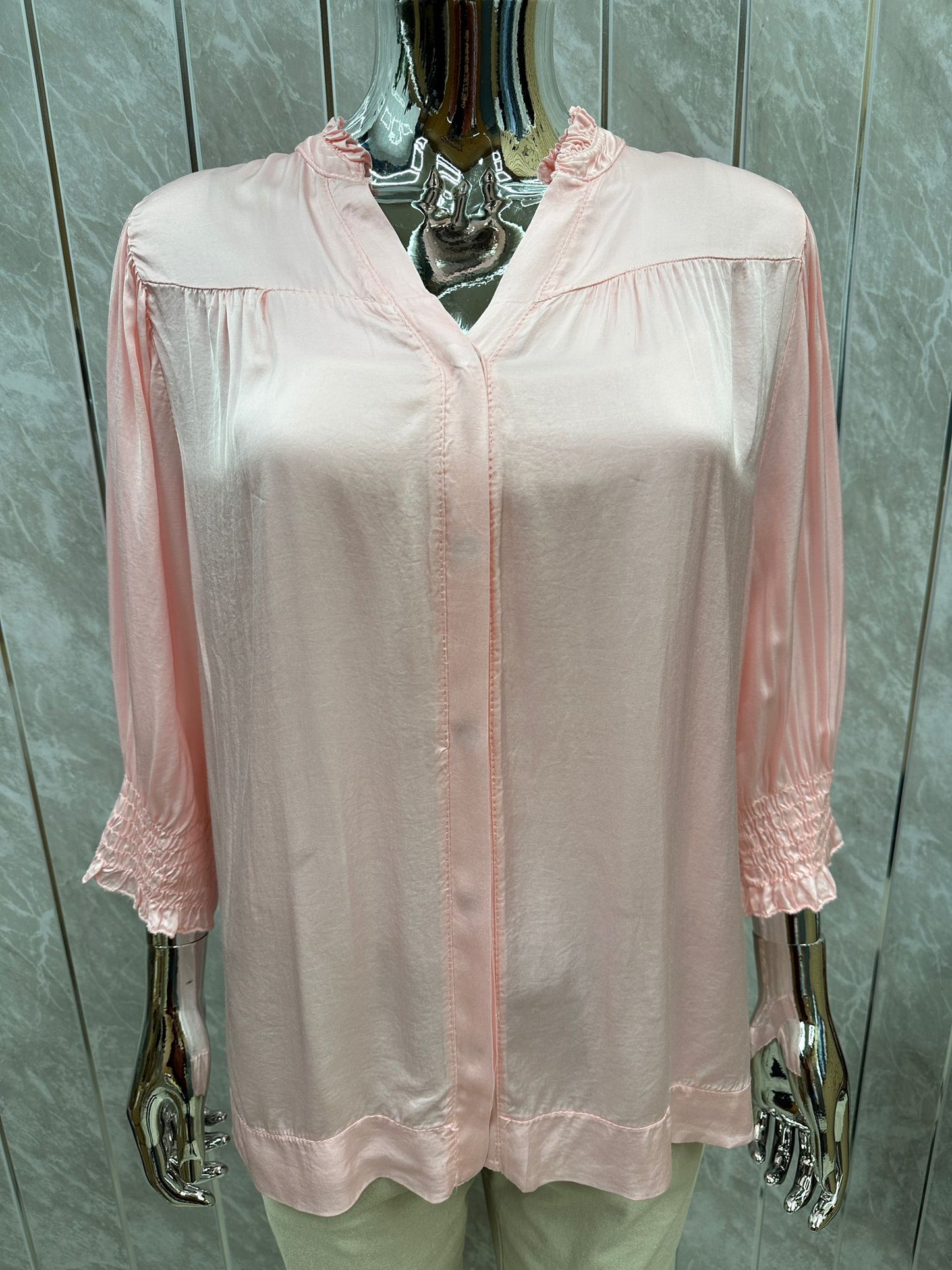 SATIN V-NECK BUTTON THROUGH TOP