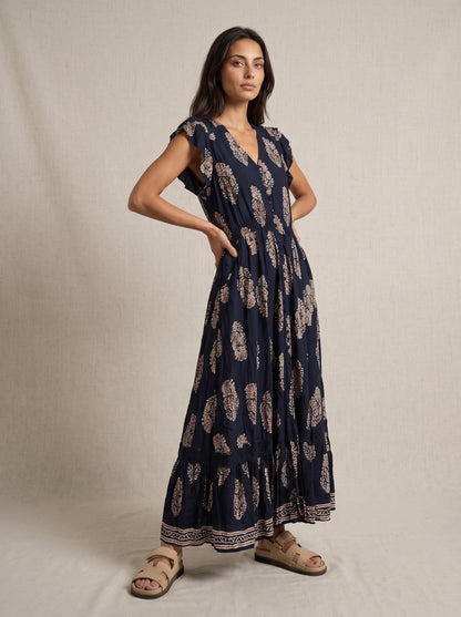 PRINTED CAP SLEEVE SHIRRED MAXI DRESS [PK-8]