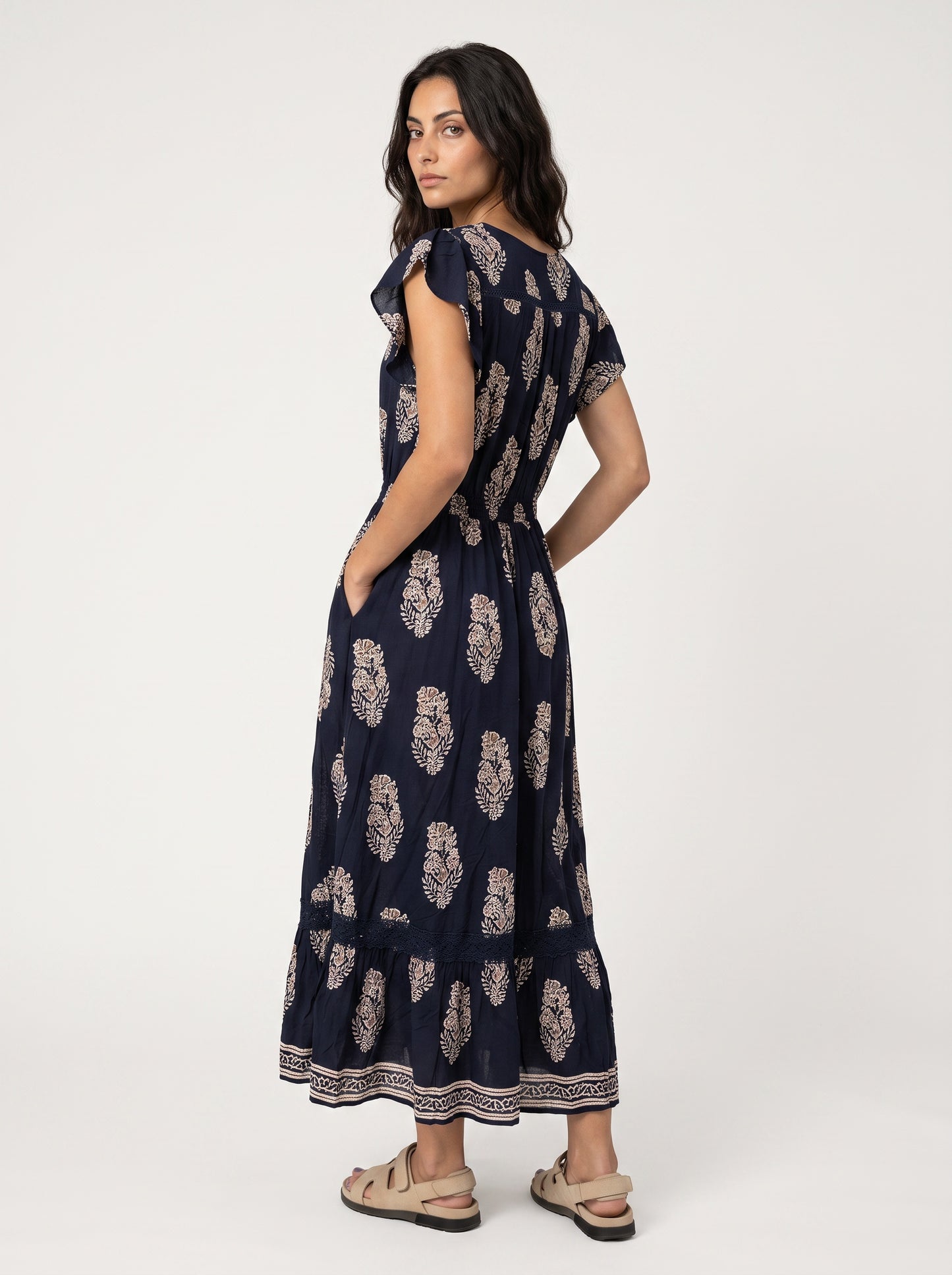 PRINTED CAP SLEEVE SHIRRED MAXI DRESS [PK-8]