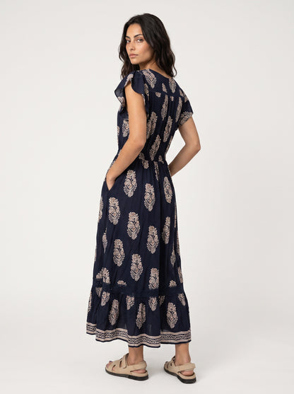 PRINTED CAP SLEEVE SHIRRED MAXI DRESS [PK-8]