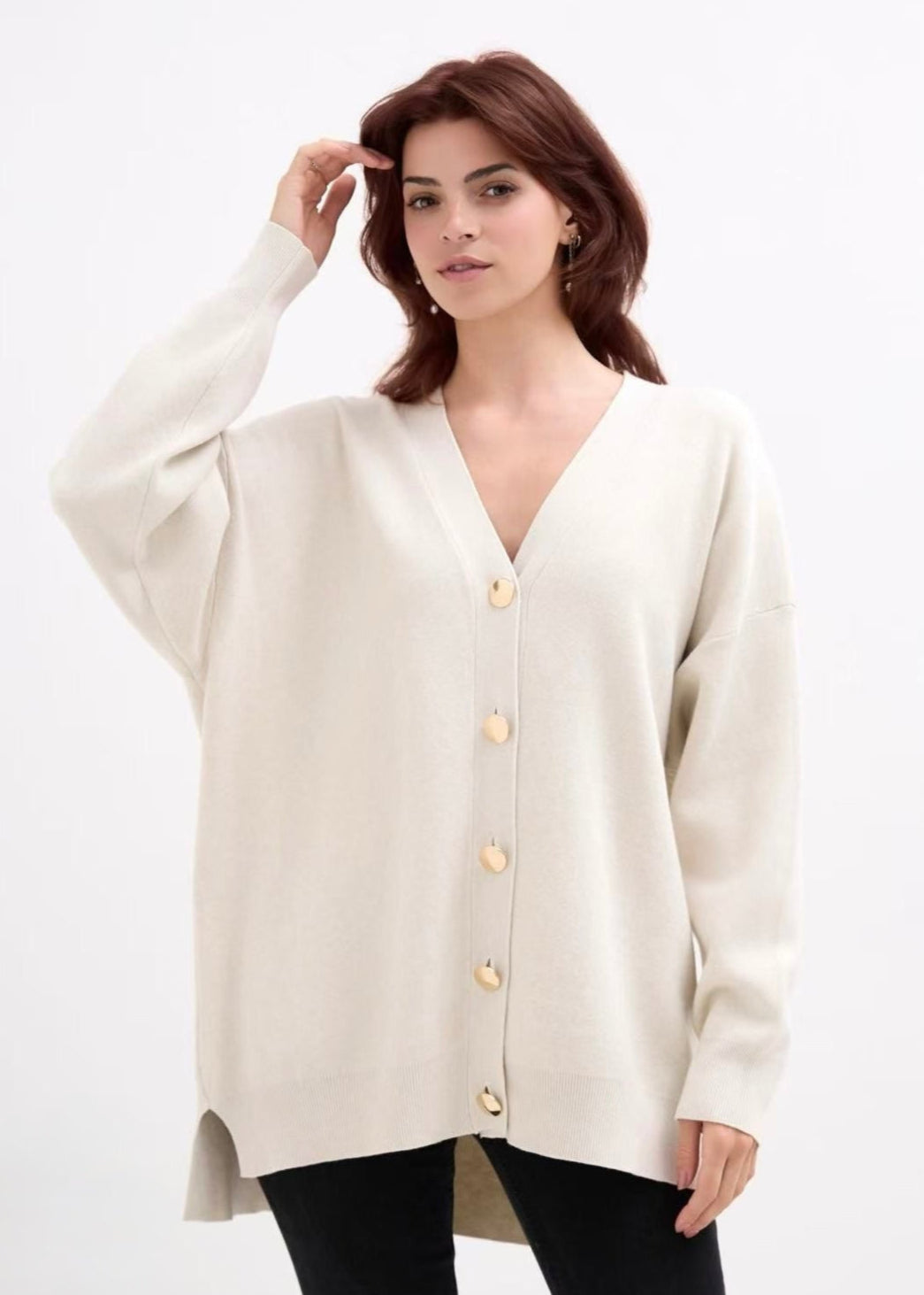 GOLD BUTTON V-NECK KNITTED CARDIGAN