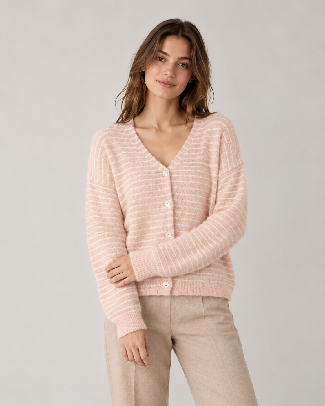 Wool Blend Striped Cardigan, style 04, in Baby Pink – model photo