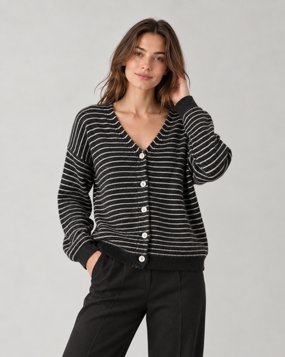 Wool Blend Striped Cardigan, style 04, in Black – model photo