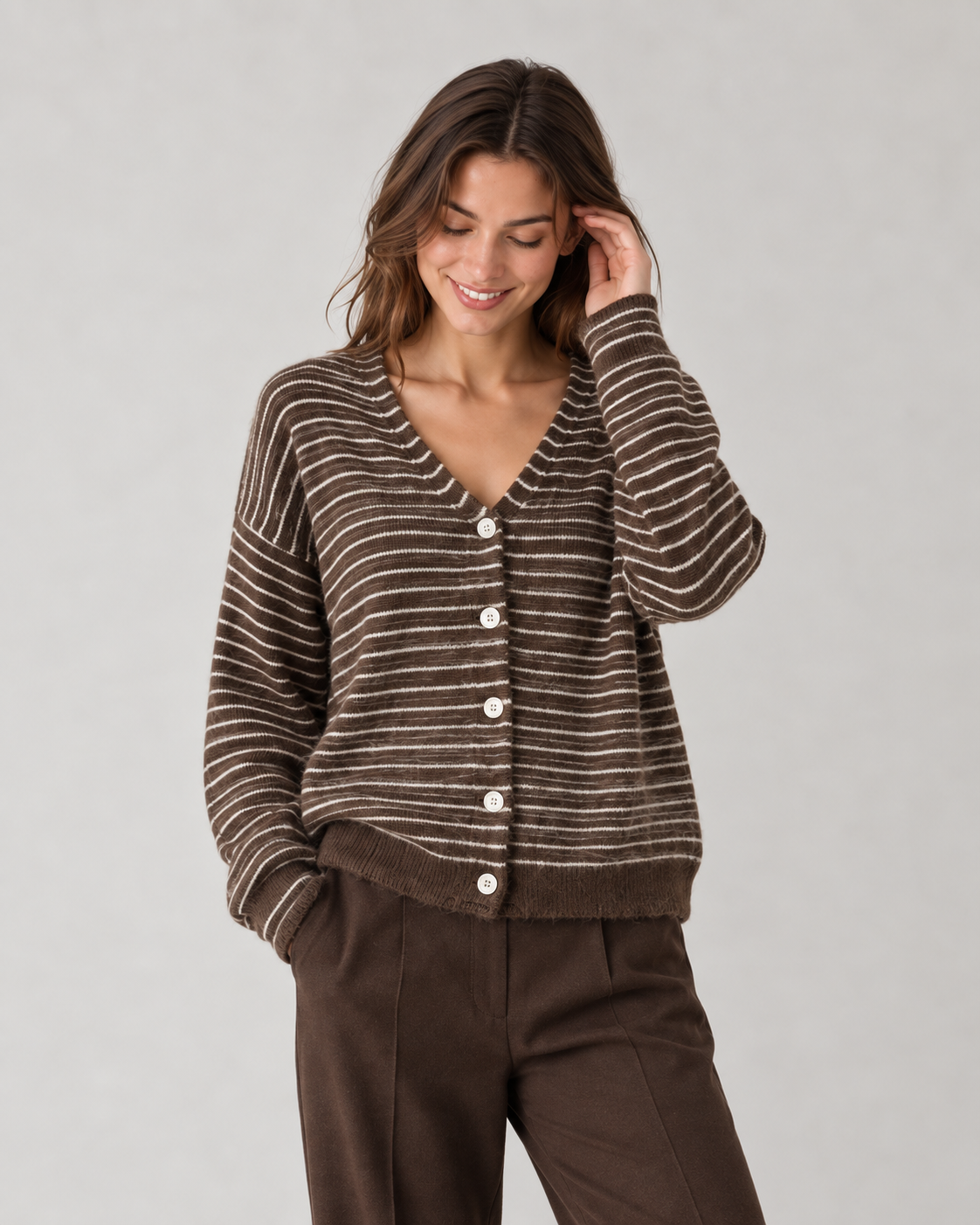 Wool Blend Striped Cardigan, style 04, in Chocolate – model photo