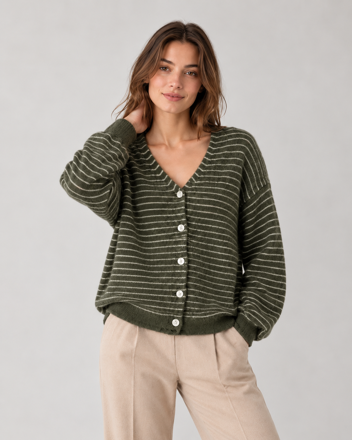 Wool Blend Striped Cardigan, style 04, in Khaki – model photo
