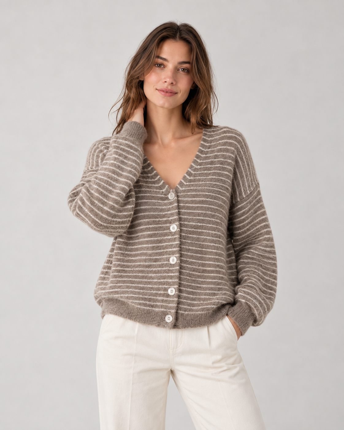 Wool Blend Striped Cardigan, style 04, in Mocha – model photo