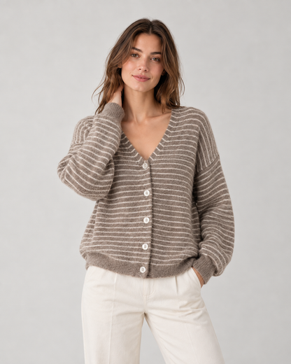 Wool Blend Striped Cardigan, style 04, in Mocha – model photo