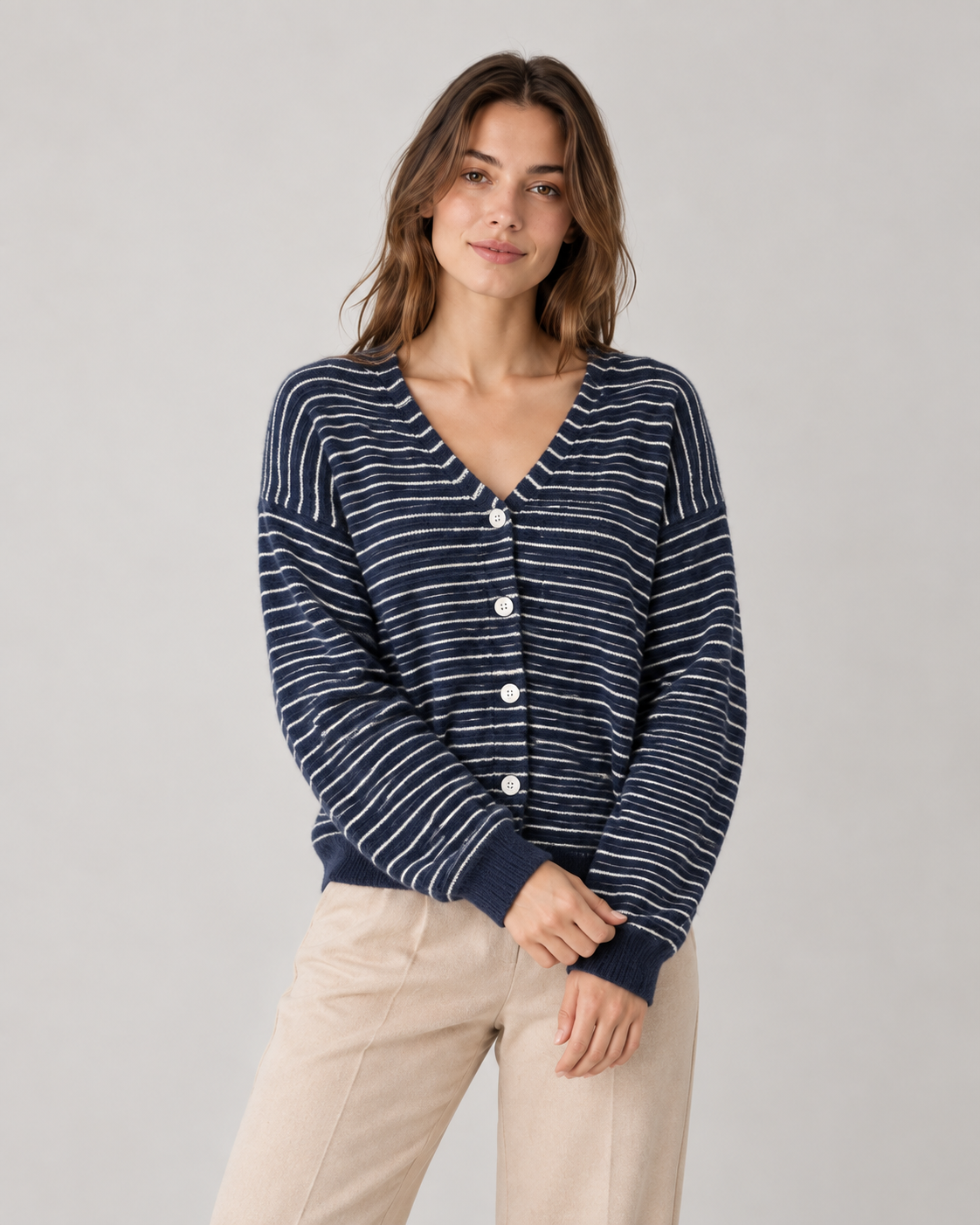 Wool Blend Striped Cardigan, style 04, in Navy – model photo