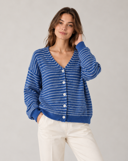 Wool Blend Striped Cardigan, style 04, in Royal Blue – model photo
