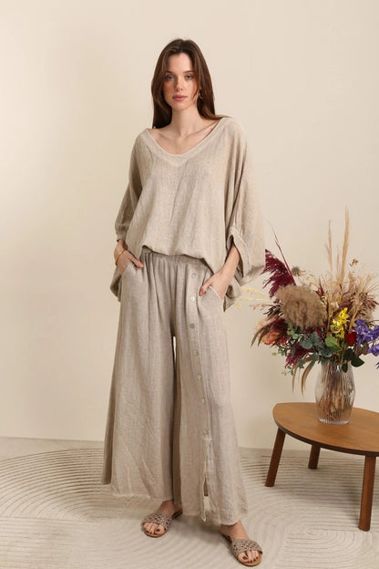 WASHED LINEN WIDE LEG SIDE BUTTON TROUSERS