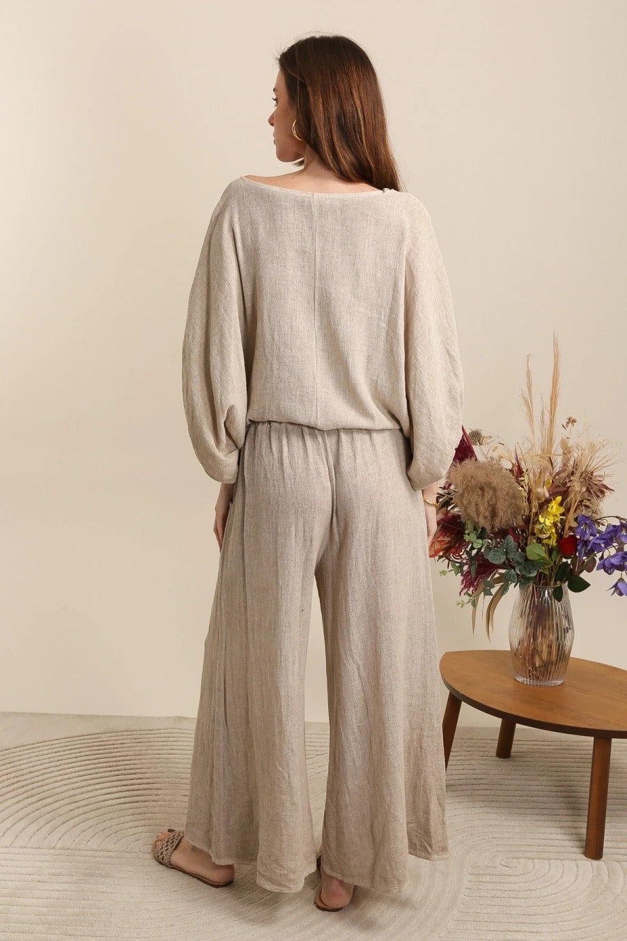 WASHED LINEN WIDE LEG SIDE BUTTON TROUSERS