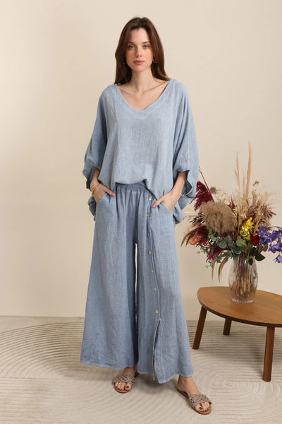 WASHED LINEN WIDE LEG SIDE BUTTON TROUSERS