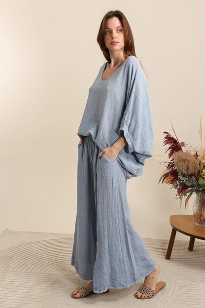 WASHED LINEN WIDE LEG SIDE BUTTON TROUSERS