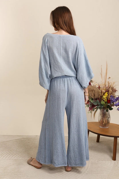 WASHED LINEN WIDE LEG SIDE BUTTON TROUSERS