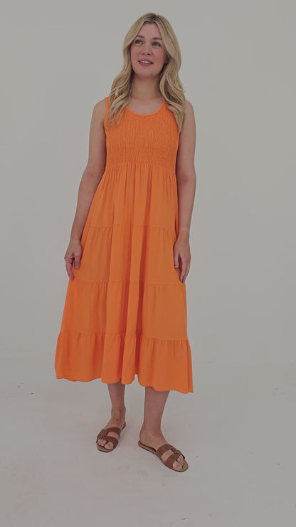 SHIRRED TIERED SLEEVELESS DRESS