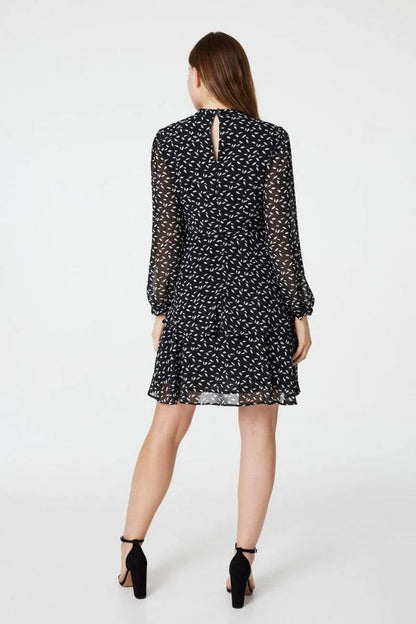 Printed Sheer Sleeve Skater Dress